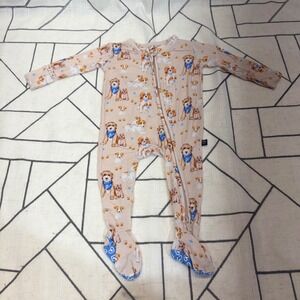 Lev Baby Footie Sleeper NB Tan Watercolor Dog Bamboo Viscose Zip Up Pajamas